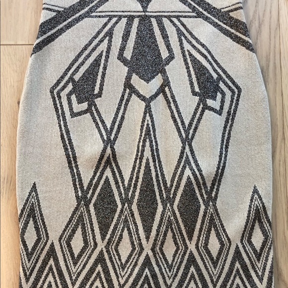 ALICE BY TEMPERLY “Ritz” Art Deco Beige & Bronze Shimmer Geometric Print Dress M - Picture 3 of 14